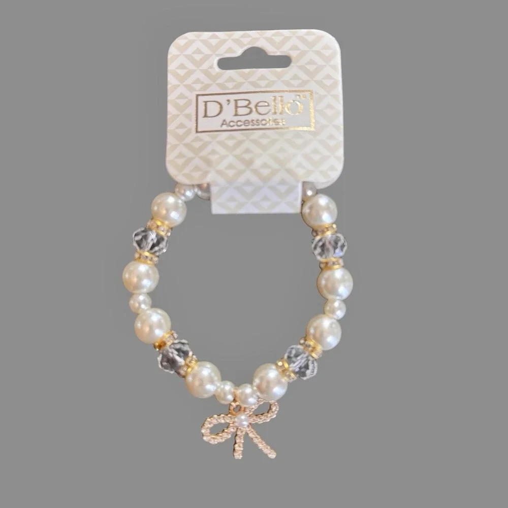 D'Bello White Pearl Beaded Stretch Charm Bracelet‎ Rhinestone Womens Jewelry NEW